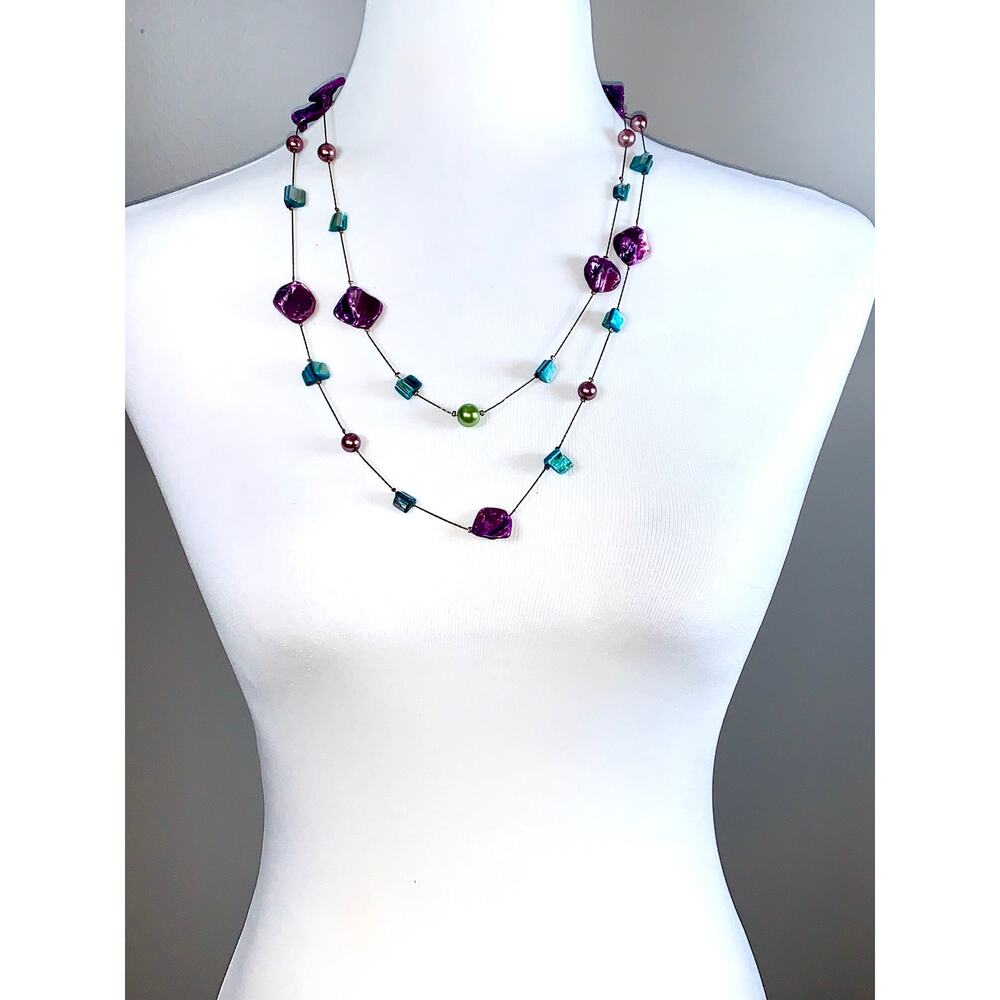 Bronze Wire Double Strand Purple Green Abalone Beaded Statement Necklace